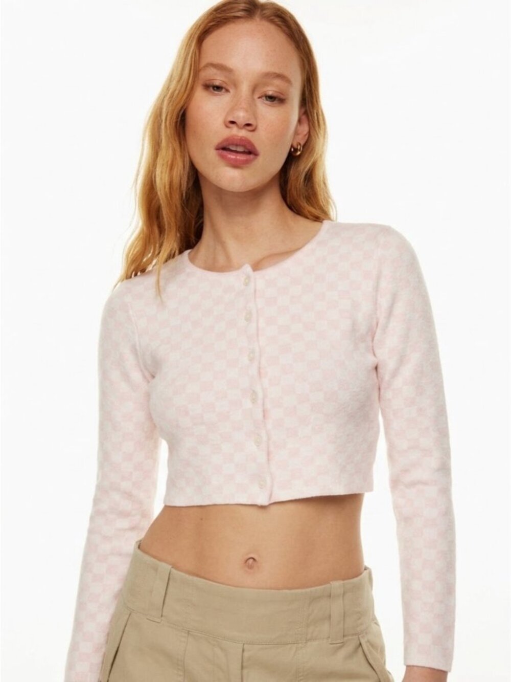 RARE Aritzia Sunday Best Izzy Crop Button-Up Cardigan Baby Pink White Check XXS